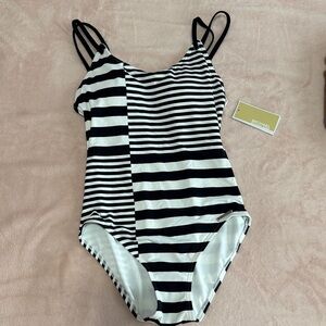 NWT Michael Kors Kids Black and White Striped Swimsuit size 8
